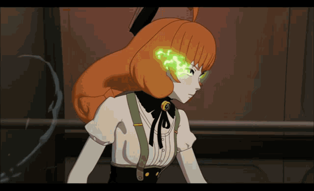 a cartoon character with orange hair and green eyes is standing in a dark room