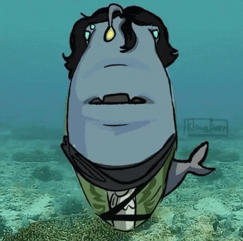 a drawing of a shark with a man 's head and a scarf around its neck .
