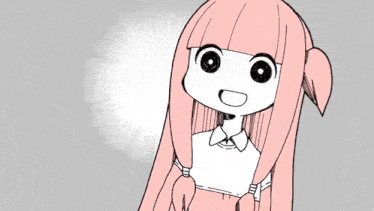 a black and white drawing of a girl with pink hair and big eyes
