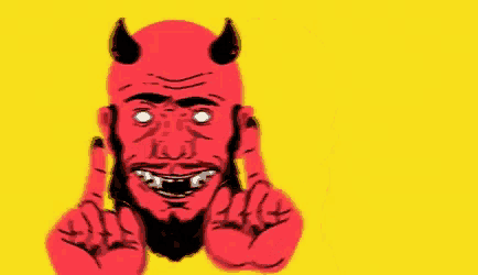 a cartoon of a devil with horns and braces on his teeth is giving the middle finger .