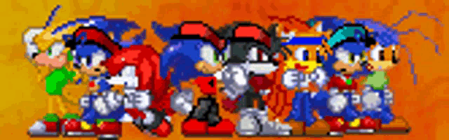 a group of sonic characters standing next to each other on an orange background