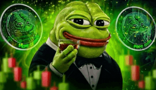a green frog in a tuxedo is holding a glass of red liquid