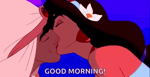 a cartoon of a man and woman kissing with the words `` good morning ! ''