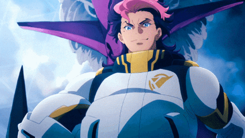 a man with purple hair and blue eyes is wearing a white and yellow suit
