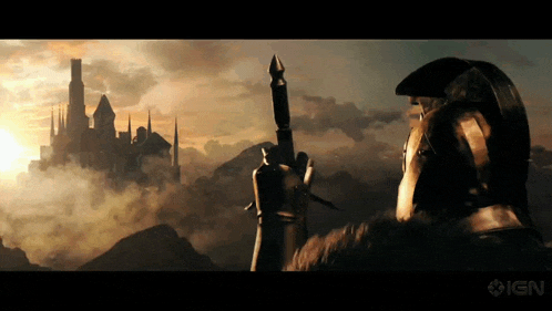 a man in a helmet holds a sword in front of a castle with the ign logo in the corner