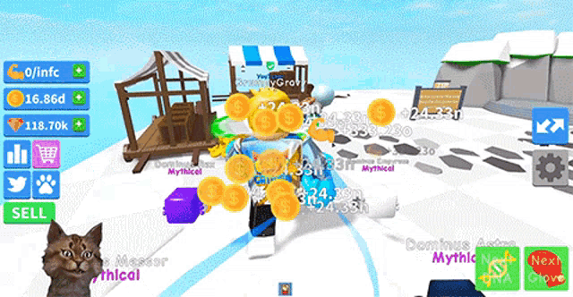 a screenshot of a video game shows a cat and a man with gold coins