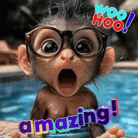 a baby monkey wearing glasses is sitting in a pool with its mouth wide open .