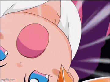 a close up of a cartoon character 's face with a big pink nose .