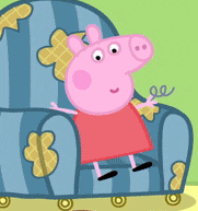 a cartoon pig is sitting on a blue striped chair