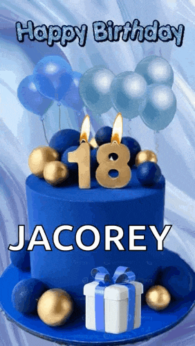 a blue birthday cake with the name jacorey on it .