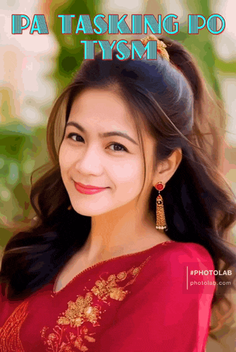 a woman in a red dress with the words ipa tasking ipo tysmi on the bottom