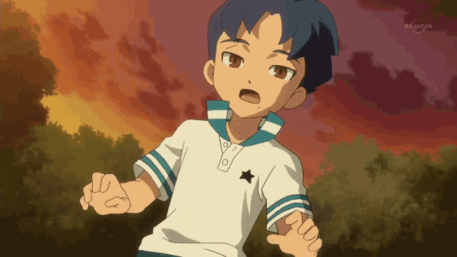 a boy in a white shirt with a black star on the front is on a tv screen that says bs japan