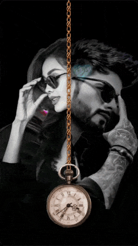 a man with sunglasses and a pocket watch with roman numerals