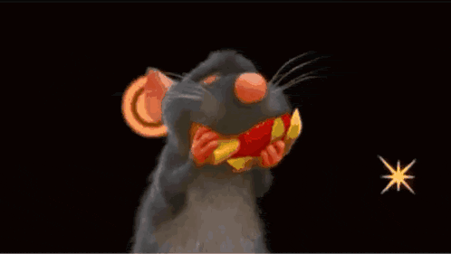 a cartoon rat is holding a piece of food in its paws .