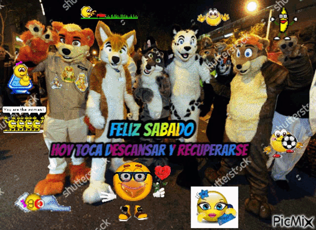 a group of furry mascots are posing for a photo and the caption says feliz sabado hoy toca descansar y recuperarse