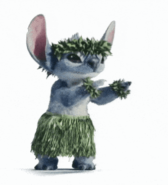 a cartoon character is wearing a hula skirt and a wreath of leaves on his head .