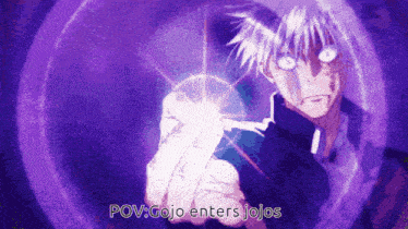 a purple background with the words pov gojo enters jojos at the bottom