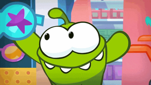 a green cartoon character is holding a blue circle with a star on it