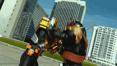 a man in a costume is fighting another man in a city