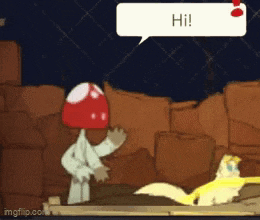 a cartoon character with a mushroom hat says hi