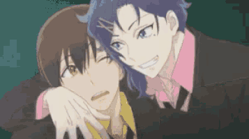 a couple of anime characters are standing next to each other . one of the characters is wearing a pink shirt .