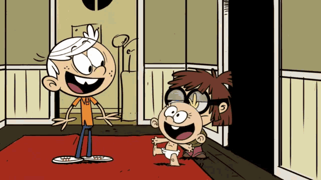 a cartoon of lincoln loud and lisa loud with a baby in a diaper
