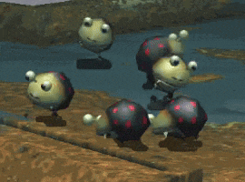a group of cartoon ants are standing on a rock near a body of water