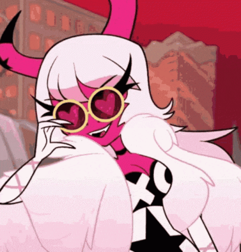a cartoon character with horns and heart shaped sunglasses on