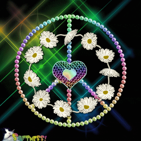 a peace sign surrounded by daisies and beads with a heart in the center