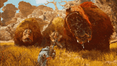 a man with a sword is standing in front of a large bear with blood dripping from its mouth