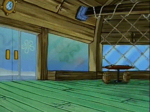 a cartoon room with a table and two barrels