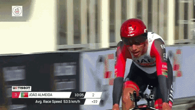 joao almeida is wearing a red helmet and sunglasses while riding a bicycle