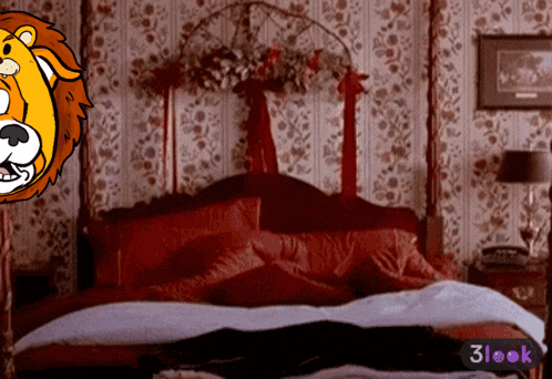 a cartoon of a lion is behind a bed in a room