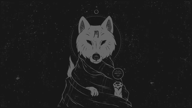 a black and white drawing of a wolf with chinese writing on its face