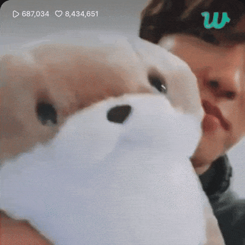 a close up of a person holding a teddy bear with 687,034 hearts and 8,434,651 on the screen