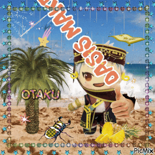 a cartoon character giving a thumbs up with the word otaku on the bottom right