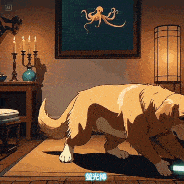 a cartoon drawing of a dog with a picture of an octopus on the wall