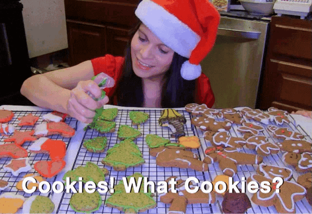 a woman wearing a santa hat decorates gingerbread cookies with the words cookies what cookies below her