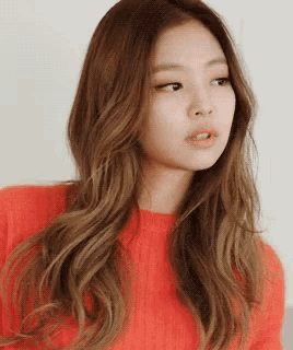 a woman with long hair is wearing a red sweater .