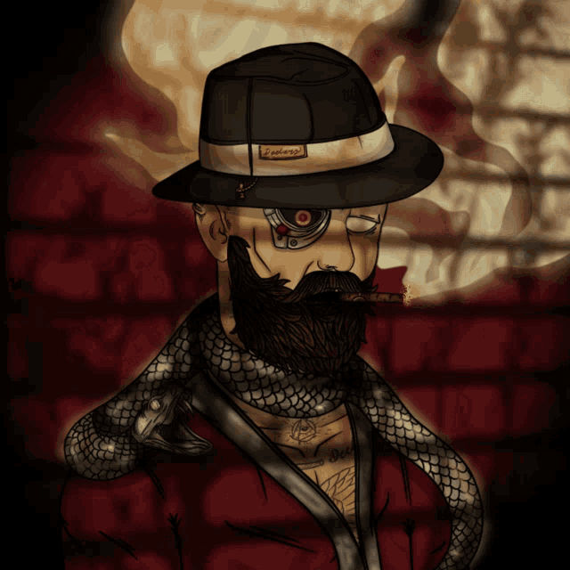 a drawing of a man with a beard wearing a fedora and smoking a cigarette