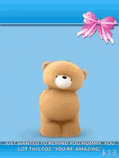 a teddy bear is standing in front of a blue background with the word mum on it