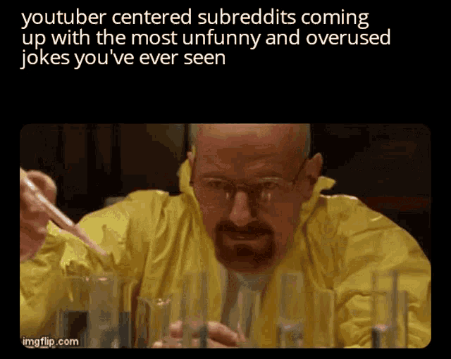 a man in a yellow jacket is holding a pipette in front of a bunch of beakers