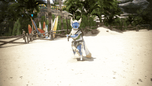 a person in a blue and white costume standing on a beach