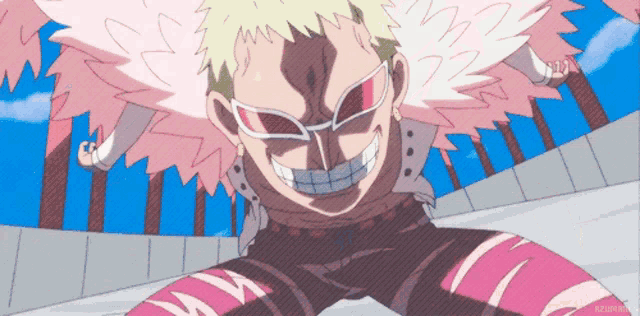 a cartoon character with a pink feathered wig and sunglasses