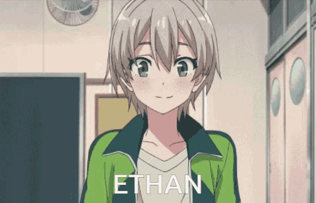 a girl in a green jacket with the name ethan on her chest
