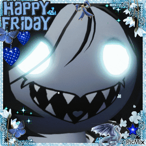 a picture of a monster with glowing eyes that says happy friday