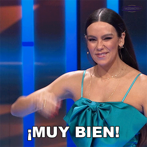 a woman in a blue dress says muy bien in white letters