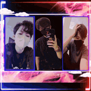 a man wearing a mask is taking a picture of himself with his phone