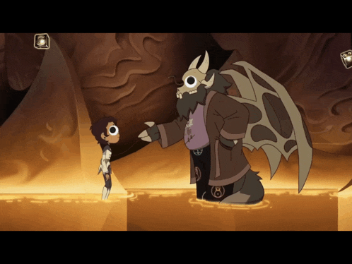 a cartoon character with horns and a beard talks to a girl