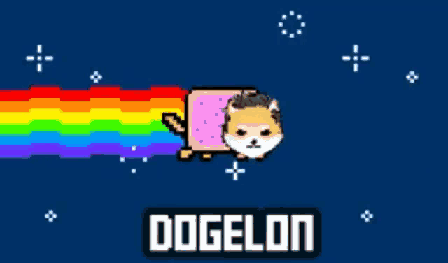 a pixel art doge with a rainbow coming out of its mouth and the word dogelon below it